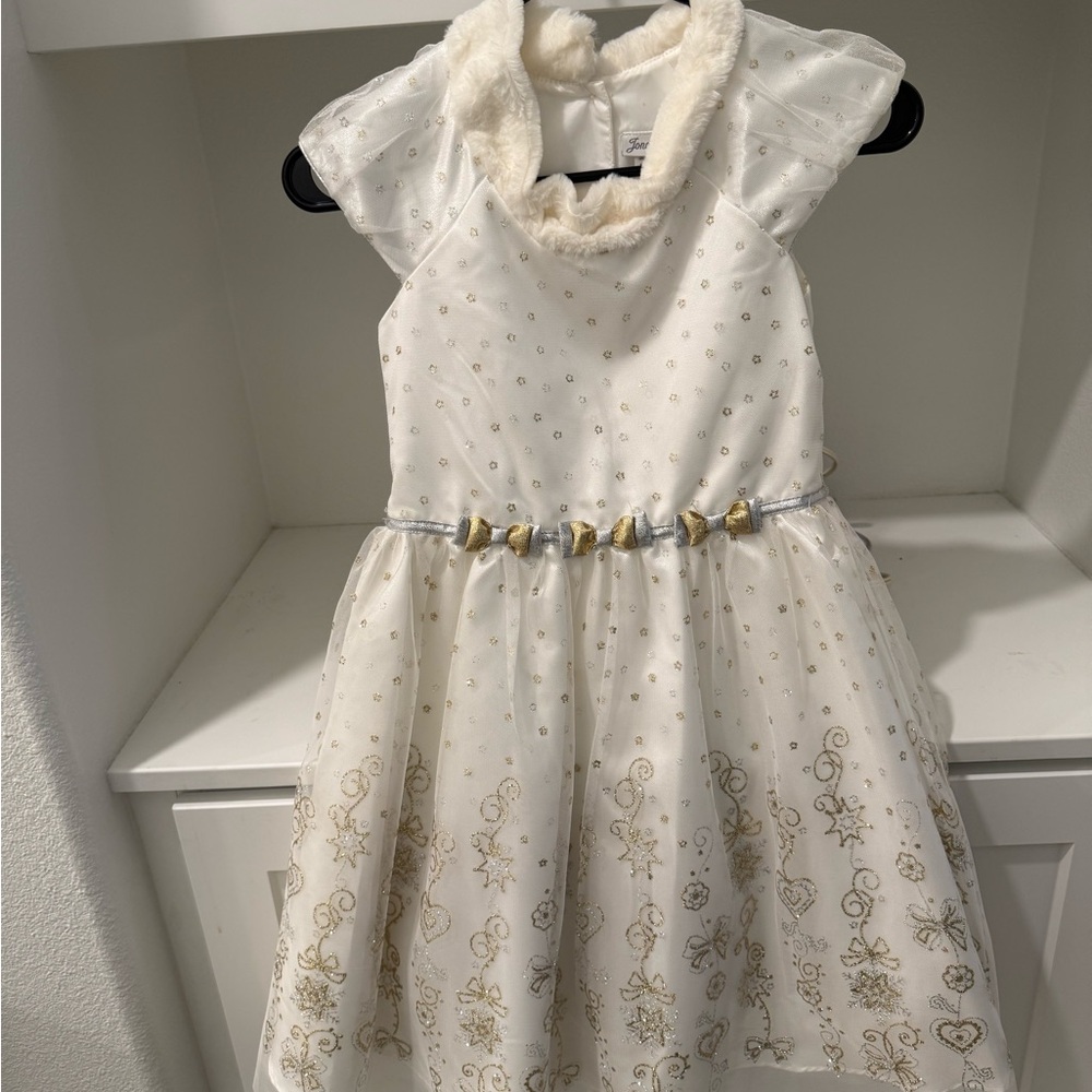 Jona Michelle Ivory and Gold Dress with Faux Fur Trim